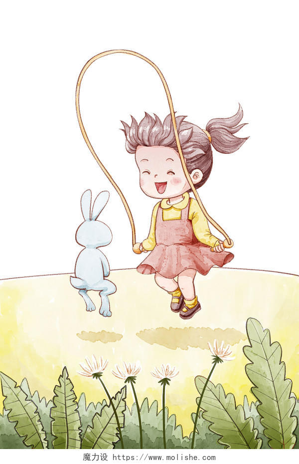 治愈系小女孩和小兔子一起跳绳JPG图片治愈系插画